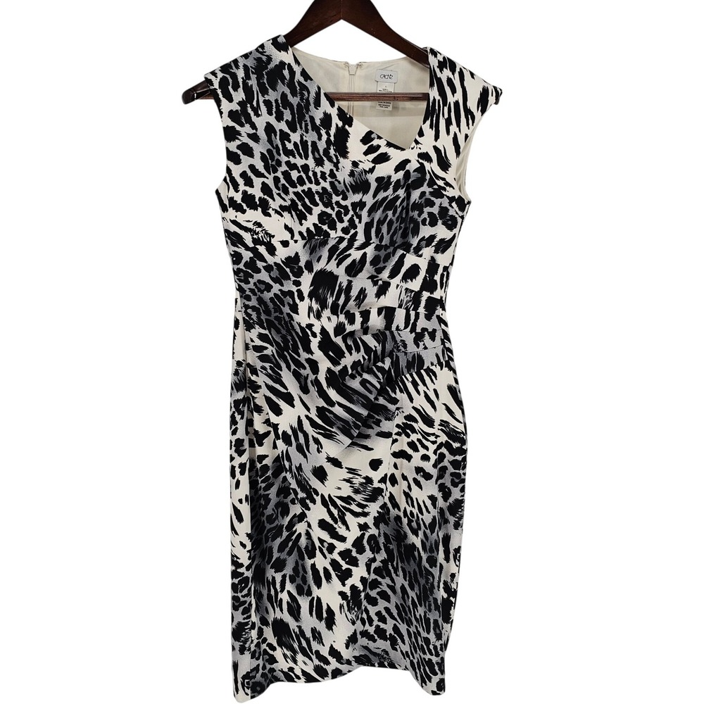 Cache Animal Print Dress Size 4 Cap Sleeve Sheath Ruched Side Designer Dress VTG